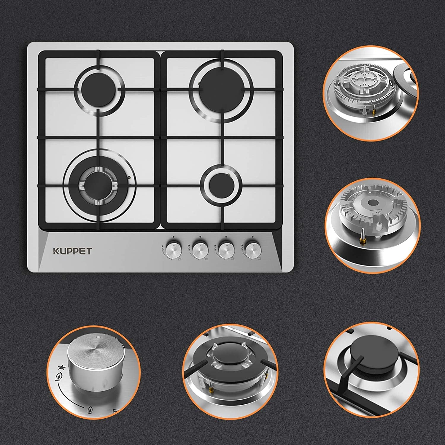 24 Inch Gas Cooktop with 4 Sealed Burners, Stainless Steel, NG/LPG Convertible O7493