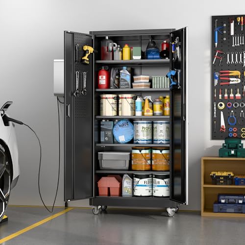 Metal Storage Cabinet with Wheels, 73" H, Locking Doors and Adjustable Shelves C8462