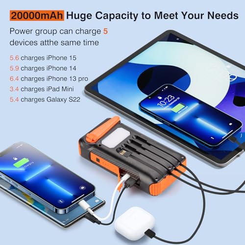 Solar Power Bank 20000mAh with Hand Crank, 4 Cables, and LED Flashlight R70939