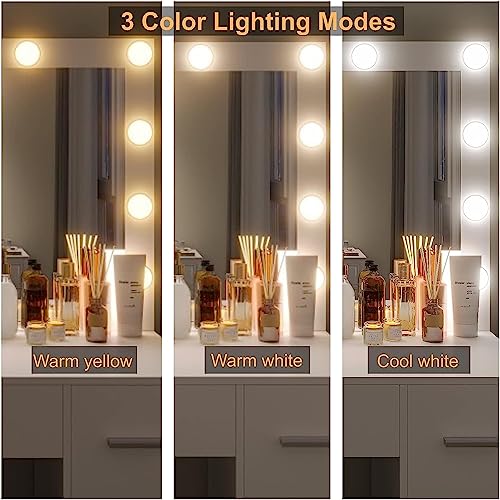 Vanity Desk with Stool, Lighted Mirror, 3 Color Modes, Adjustable Brightness, Drawers, White S703720