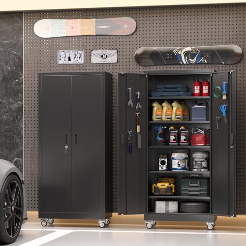 Metal Storage Cabinet with Wheels, 73" H, Locking Doors and Adjustable Shelves C8462