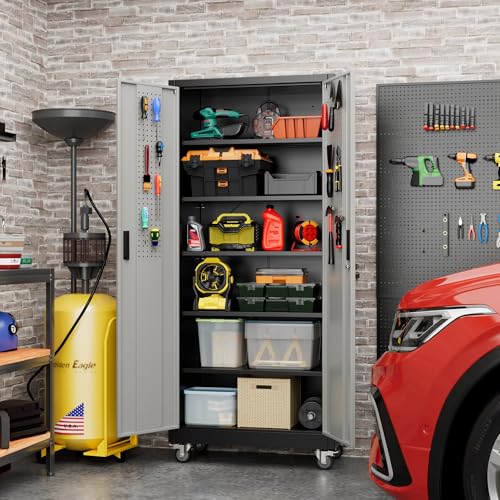 Metal Storage Cabinet with Wheels, 73" H, Locking Doors and Adjustable Shelves C8462