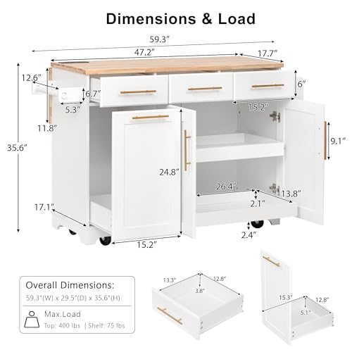 Farmhouse Kitchen Island with Drop Leaf, Barn Door and Wheels O34026