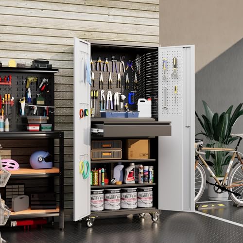 Garage Storage Cabinet with Wheels, 72" H, 2 Doors, 4 Adjustable Shelves, Black Q104