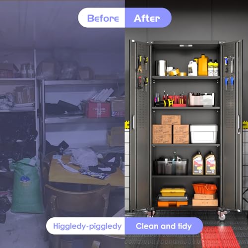 Garage Storage Cabinet with Wheels, 72" H, 2 Doors, 4 Adjustable Shelves, Black Q104