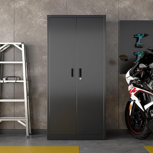 Garage Storage Cabinet with Wheels, 72" H, 2 Doors, 4 Adjustable Shelves, Black Q104
