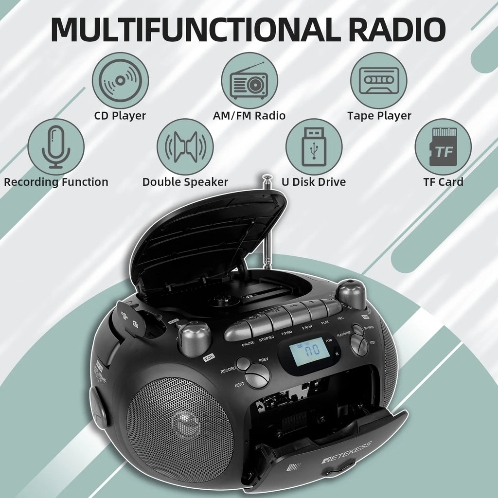 CD and Cassette Player Combo, Portable Boombox with AM FM Radio, MP3, USB, Micro SD X73185