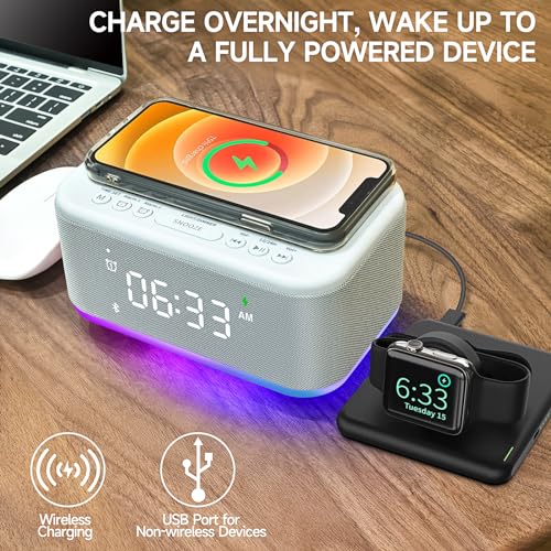 Wireless Charger Alarm Clock Speaker with Dimmable Light D64277