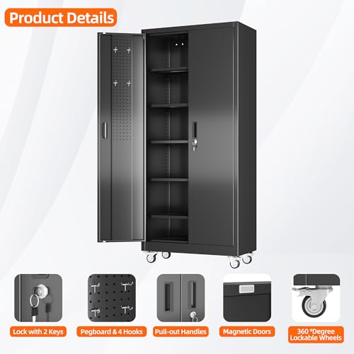 Metal Storage Cabinet with Wheels, 73" H, Locking Doors and Adjustable Shelves C8462