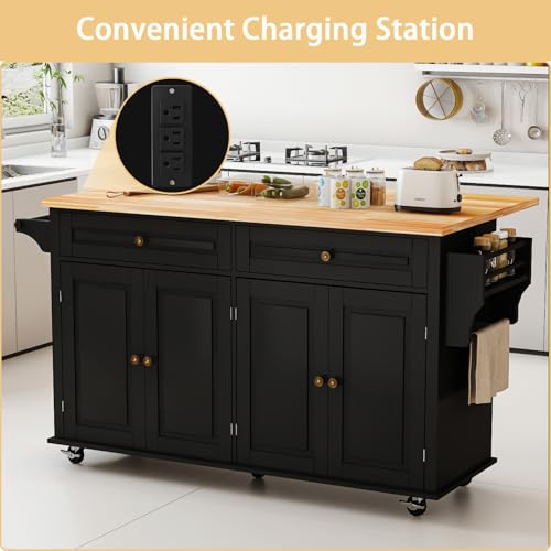 Movable Kitchen Island with Drop Leaf and Power Outlet J472