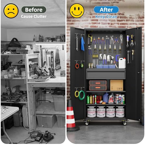 Metal Storage Cabinet with Wheels, 73" H, Locking Doors and Adjustable Shelves C8462