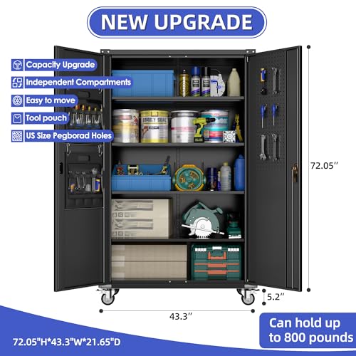 Metal Storage Cabinet with Wheels, 73" H, Locking Doors and Adjustable Shelves C8462
