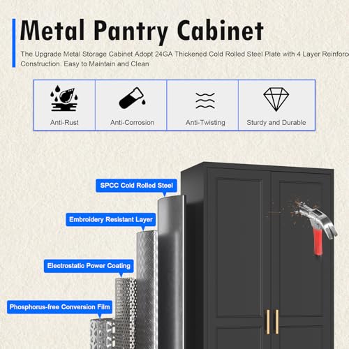 Tall Kitchen Storage Cabinet with Doors and Adjustable Shelves, Black Freestanding Cupboard X34021