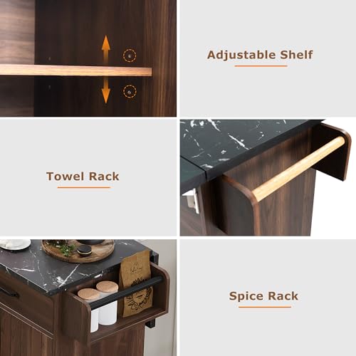 Farmhouse Kitchen Island with Drop Leaf, Barn Door and Wheels O34026