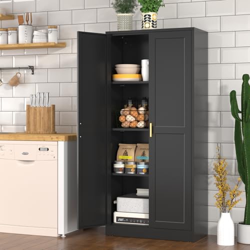 Tall Kitchen Storage Cabinet with Doors and Adjustable Shelves, Black Freestanding Cupboard X34021