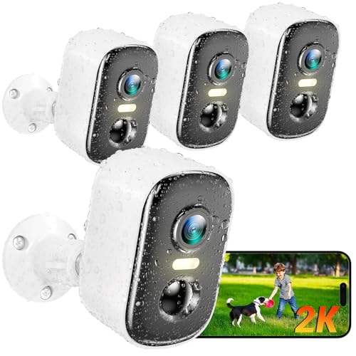 Wireless Outdoor Security Camera 2K Battery Powered WiFi, AI Motion Detection, Color Night Vision, IP66 Waterproof, 4 Pack R2584