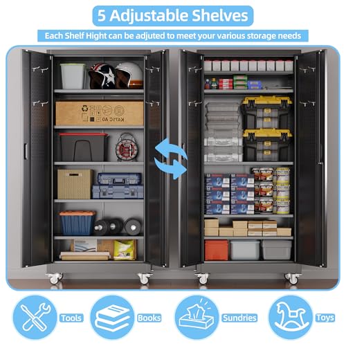Garage Storage Cabinet with Wheels, 72" H, 2 Doors, 4 Adjustable Shelves, Black Q104