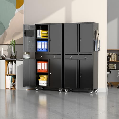 Metal Storage Cabinet with Wheels, 73" H, Locking Doors and Adjustable Shelves C8462