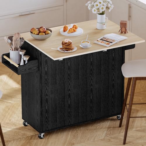Kitchen Island with Storage, Rolling Cart with Drop Leaf and Charging Station H744