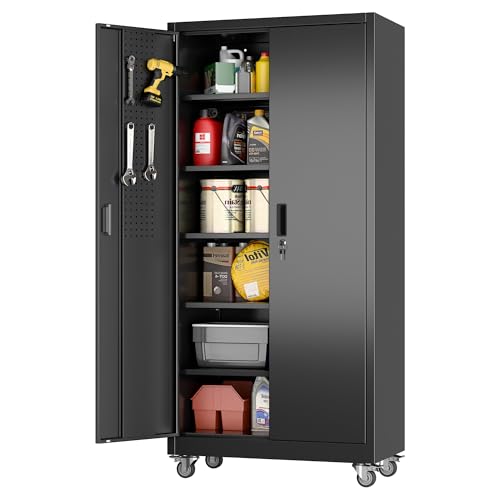 Garage Storage Cabinet with Wheels, 72" H, 2 Doors, 4 Adjustable Shelves, Black Q104
