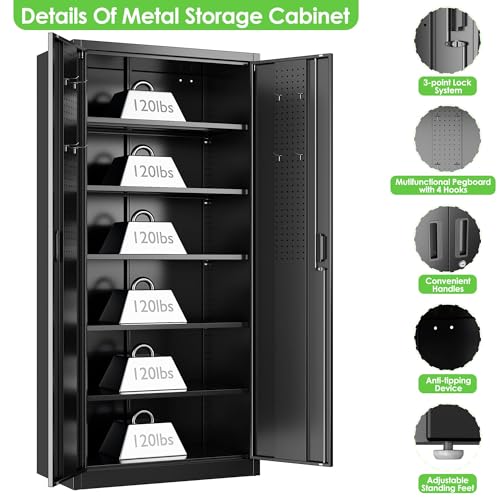 Garage Storage Cabinet with Wheels, 72" H, 2 Doors, 4 Adjustable Shelves, Black Q104