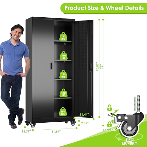 Garage Storage Cabinet with Wheels, 72" H, 2 Doors, 4 Adjustable Shelves, Black Q104