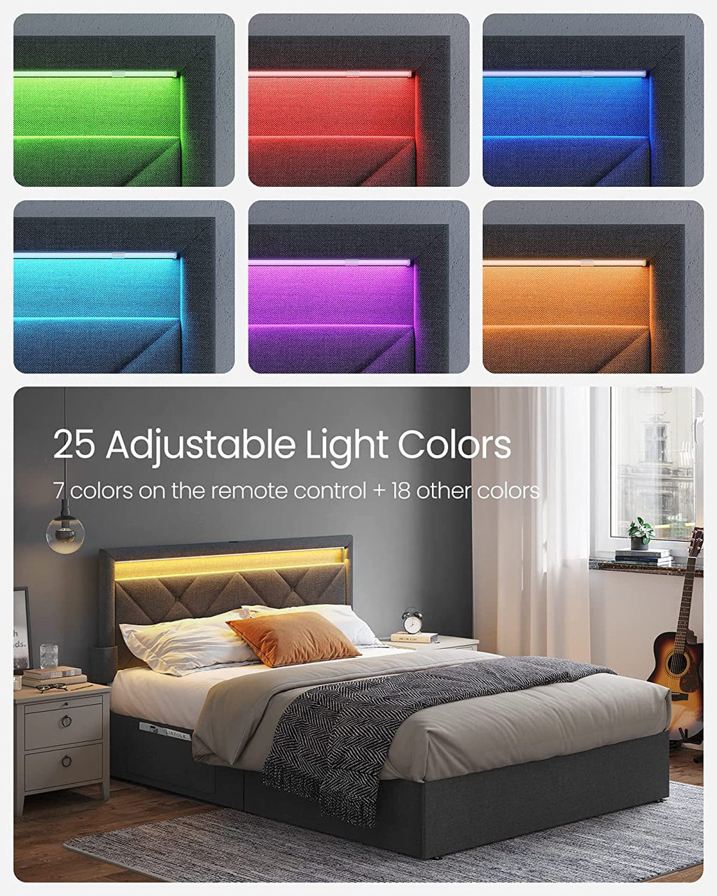 Full Size LED Bed Frame with Headboard and 4 Drawers Storage, Gray N72954