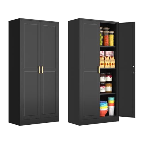 Tall Kitchen Storage Cabinet with Doors and Adjustable Shelves, Black Freestanding Cupboard X34021