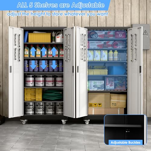 Garage Storage Cabinet with Wheels, 72" H, 2 Doors, 4 Adjustable Shelves, Black Q104