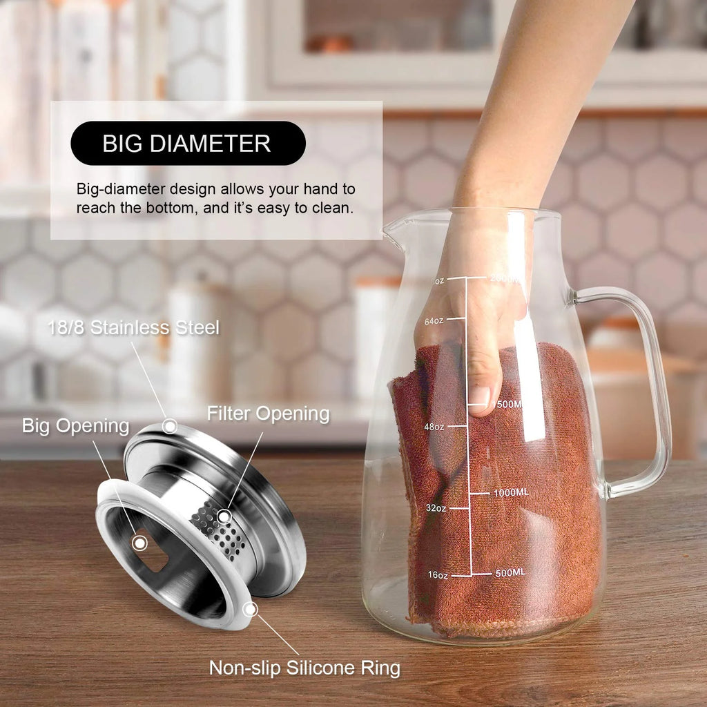 Glass Pitcher with Lid, 68oz, Stainless Steel R1296