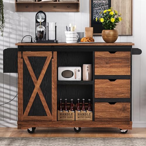 Farmhouse Kitchen Island with Drop Leaf, Barn Door and Wheels O34026