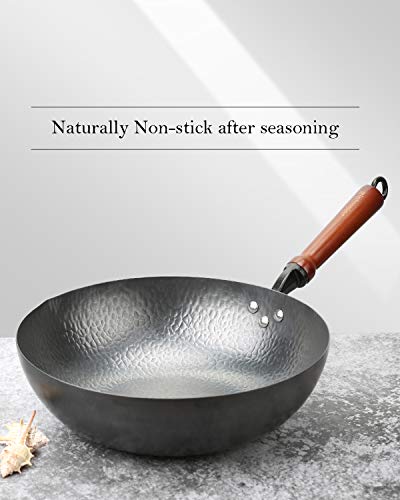 Carbon Steel Wok Pan with Lid, 12.5 Inch, Flat Bottom for All Stoves S143321