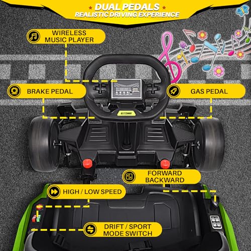 24V Kids Go Kart 300W Electric Drift Kart Outdoor Race Toy with 2X150W Motor, 7AH Battery, Green R238