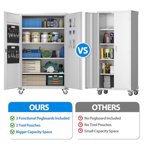 Garage Storage Cabinet with Wheels, 72" H, 2 Doors, 4 Adjustable Shelves, Black Q104