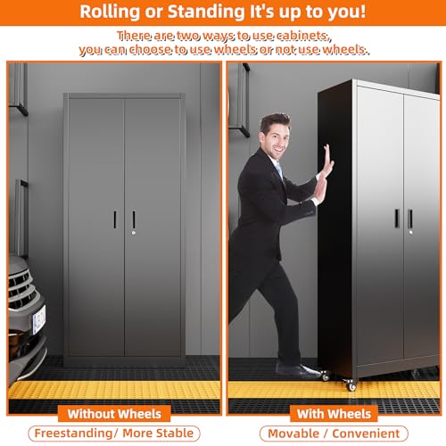 Metal Storage Cabinet with Wheels, 73" H, Locking Doors and Adjustable Shelves C8462
