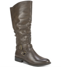 WHITE MOUNTAIN Womens Brown Crisscross Straps Stretch Gore Cushioned Studded Buckle Accent Liona Almond Toe Block Heel Zip-Up Riding Boot 7.5 M