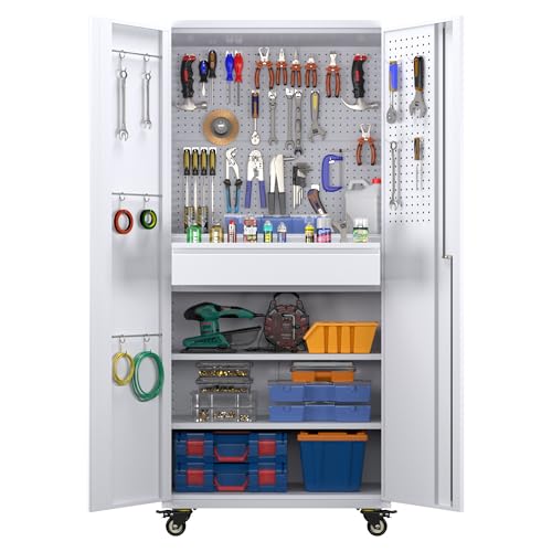 Metal Storage Cabinet with Wheels, 73" H, Locking Doors and Adjustable Shelves C8462