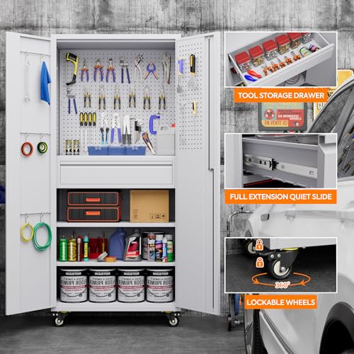 Metal Storage Cabinet with Wheels, 73" H, Locking Doors and Adjustable Shelves C8462