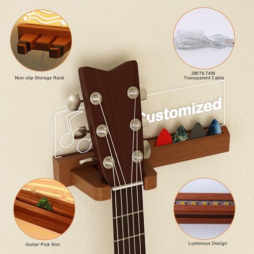 Guitar Wall Mount Stand with LED Lights, Solid Wood & Acrylic, USB-Powered Z93098