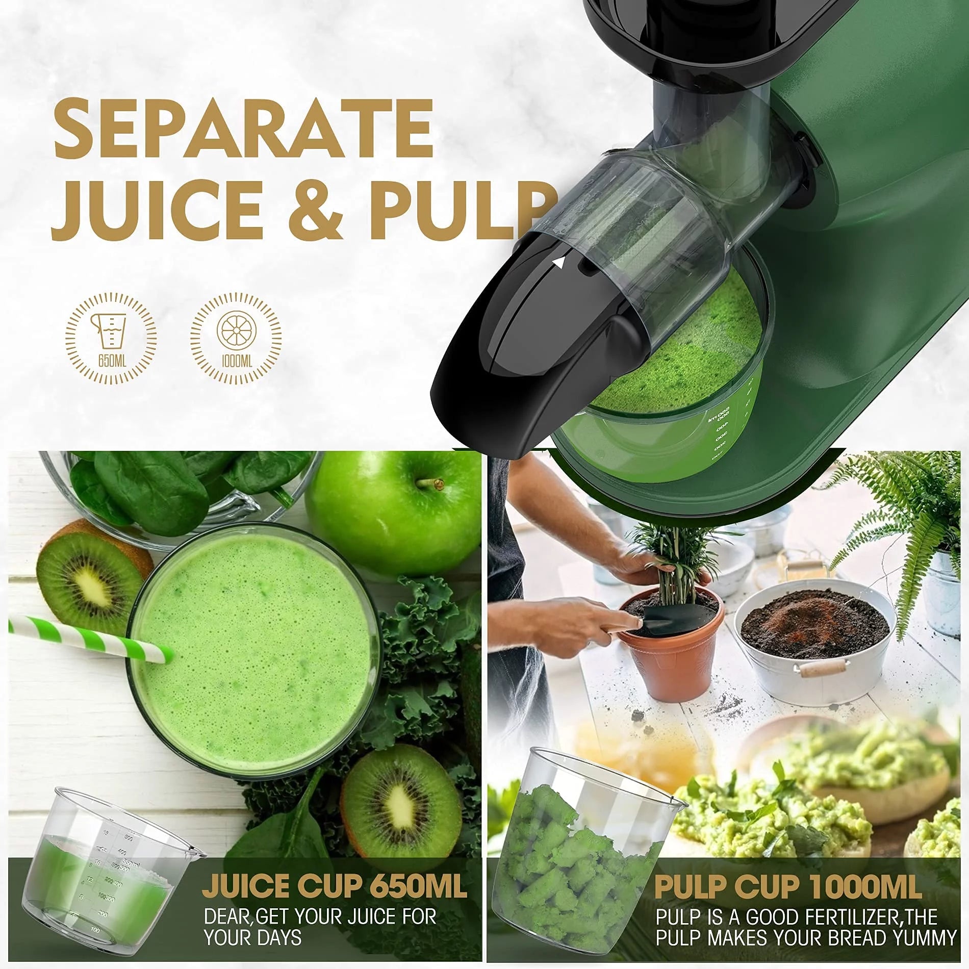 Slow Masticating Juicer for Vegetables and Fruits, Cold Press Extractor C51735