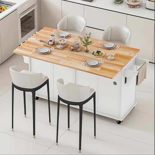 Movable Kitchen Island with Drop Leaf and Power Outlet J472