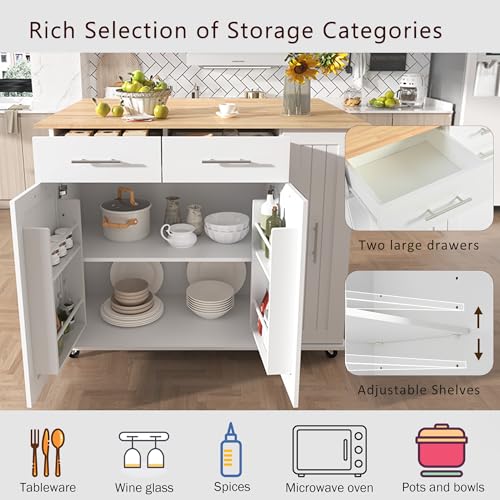 Large Kitchen Island with Drop Leaf, Rolling Cart, Power Outlet R822