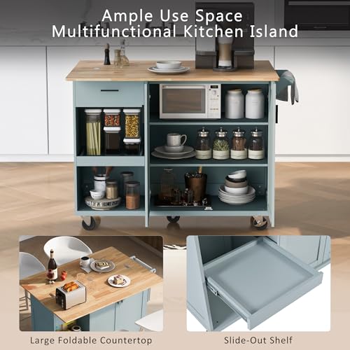 Large Kitchen Island with Drop Leaf, Rolling Cart, Power Outlet R822