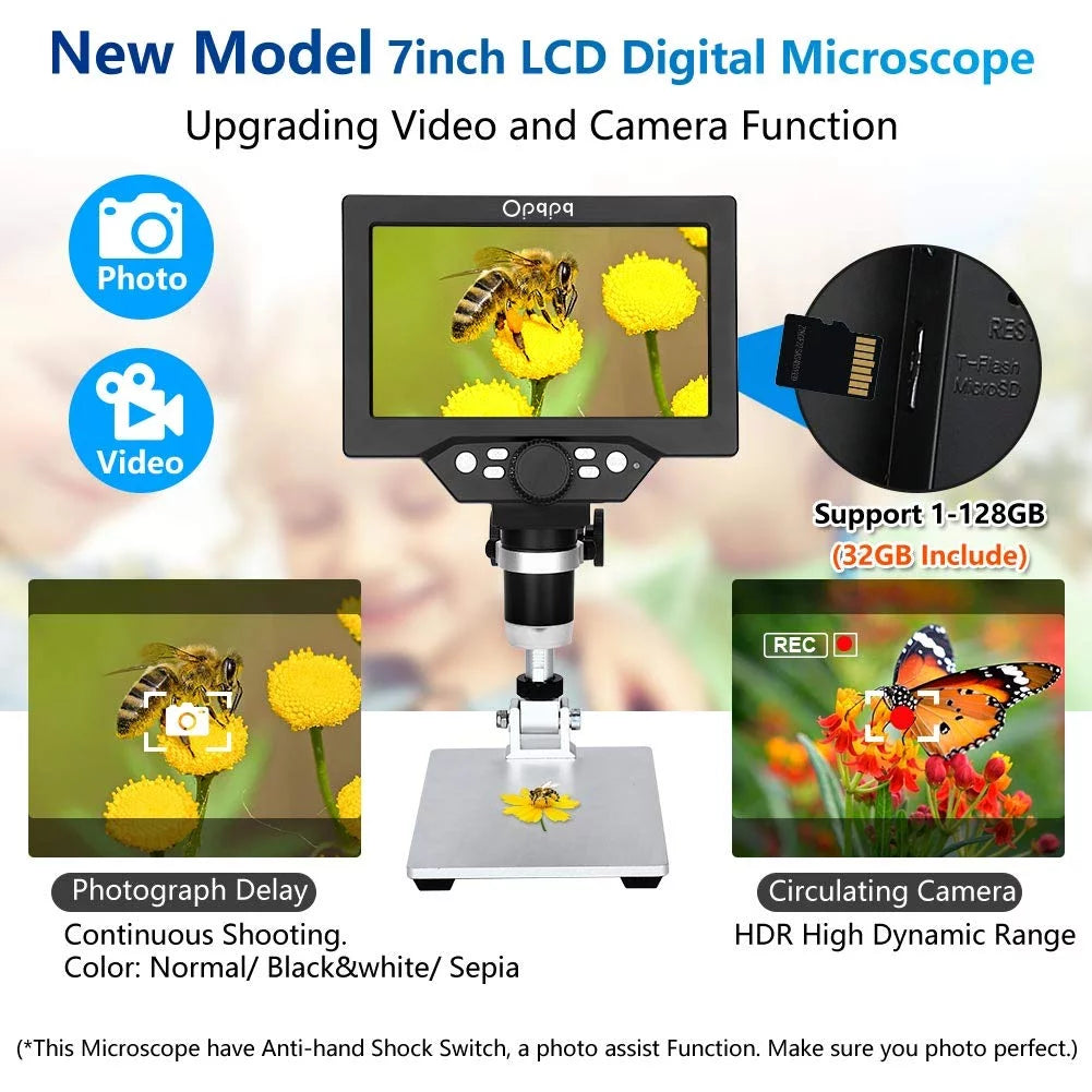 7" LCD Digital Microscope, 1200X Coin Microscope with 32GB Card, 12MP Camera, LED Fill Lights, PC View O9021