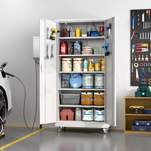 Metal Storage Cabinet with Wheels, 73" H, Locking Doors and Adjustable Shelves C8462