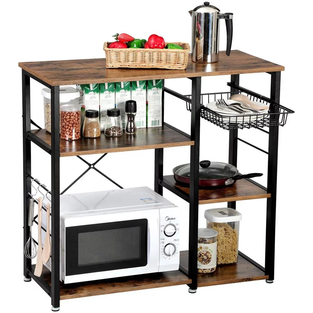 Vintage Kitchen Baker's Rack Microwave Stand Coffee Bar Table with Storage Shelf, Basket & Hooks, Rustic Brown S5409
