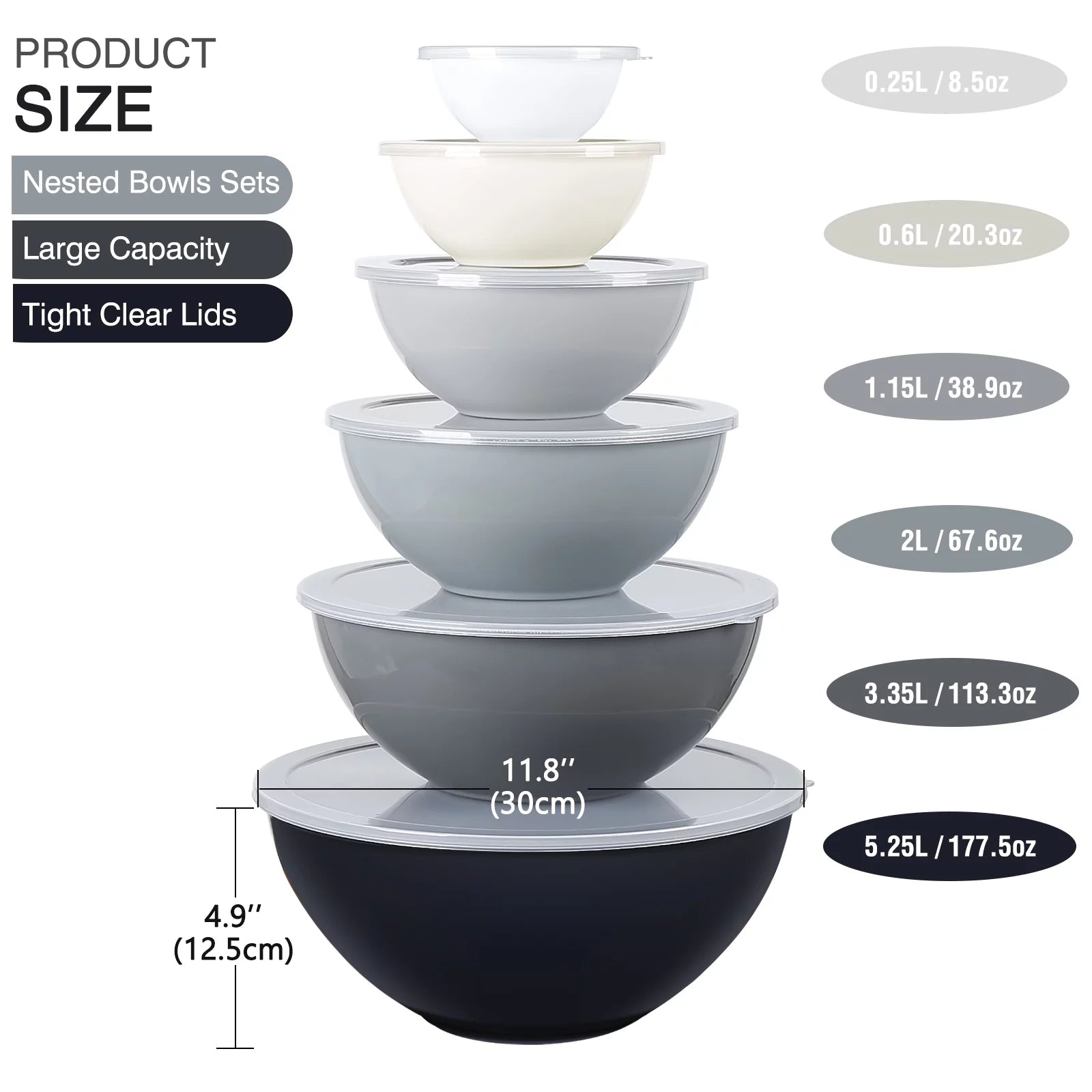 Mixing Bowls with Lids, 12 Piece Plastic Nesting Set, Microwave Safe H683