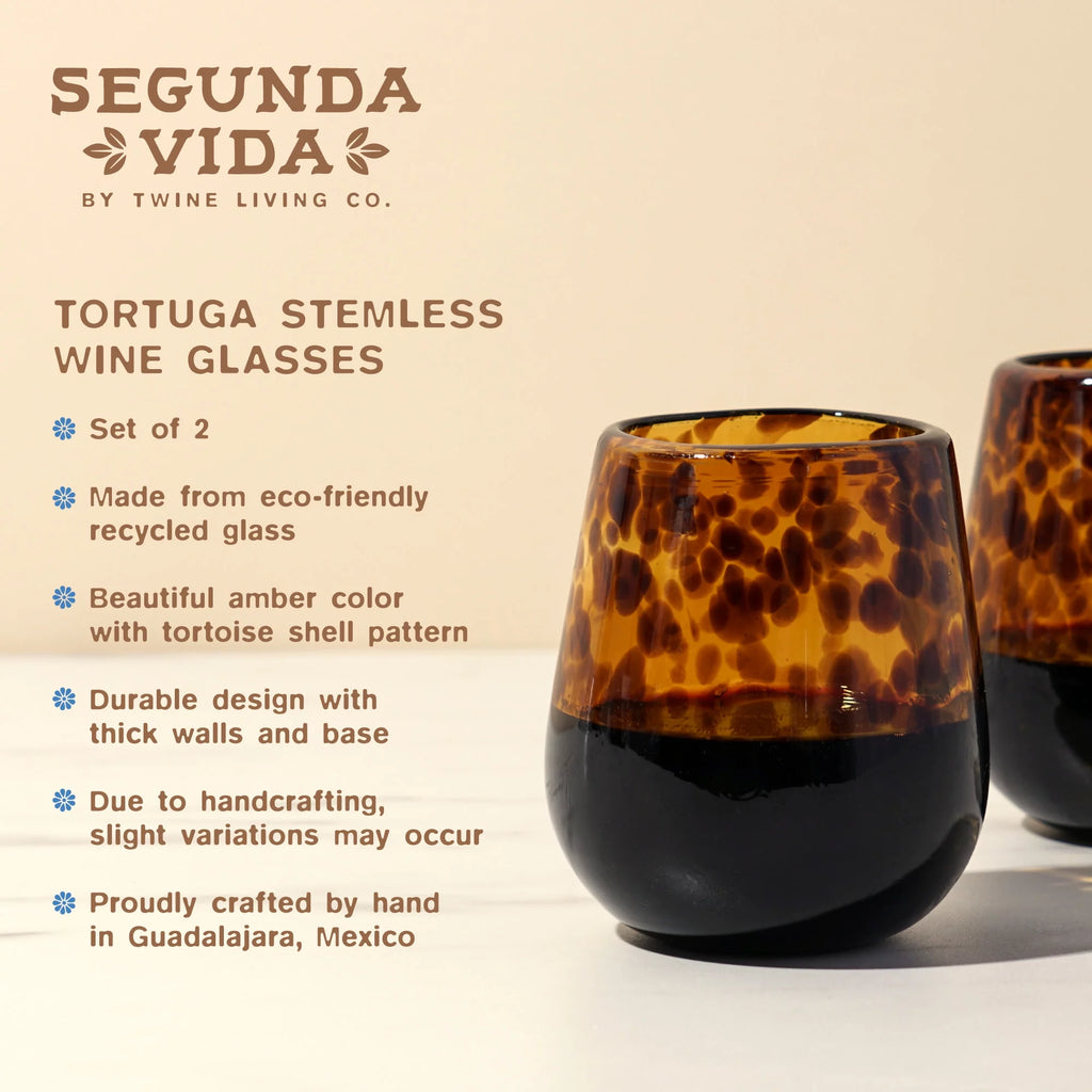 Tortoise Shell Stemless Wine Glasses Set - Hand Blown Recycled Glass, 13oz, Set of 2 S726