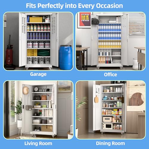 Garage Storage Cabinet with Wheels, 72" H, 2 Doors, 4 Adjustable Shelves, Black Q104