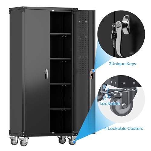 Metal Storage Cabinet with Wheels, 73" H, Locking Doors and Adjustable Shelves C8462